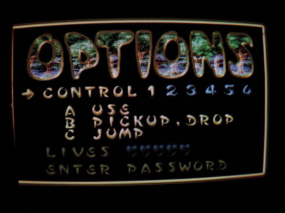 CRT TV playing Puggsy on the sega megadrive/genesis on the options menu - the black background is truly fully black while the graphics are pixel-precise