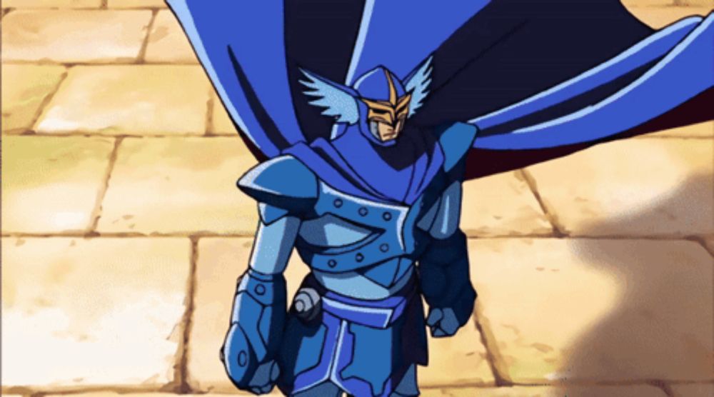 a cartoon character wearing a blue cape and armor