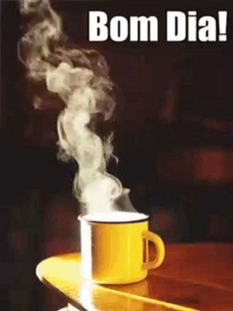 a yellow cup of coffee with steam coming out of it and the words bom dia written above it