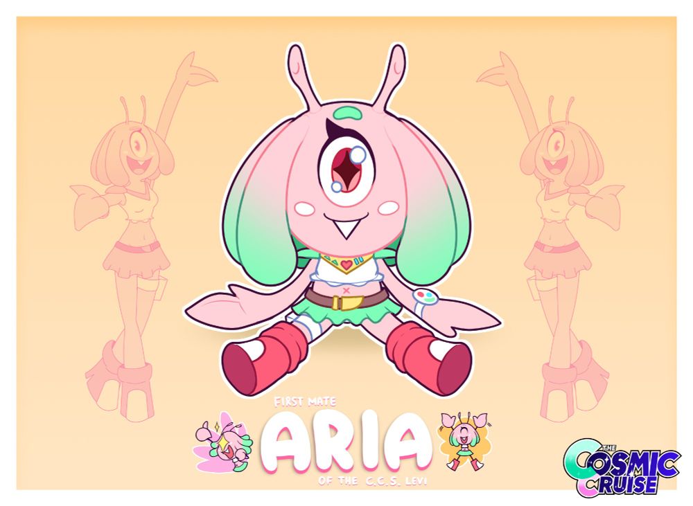 A plush version of Aria sits in the center of the image, surrounded by decoration