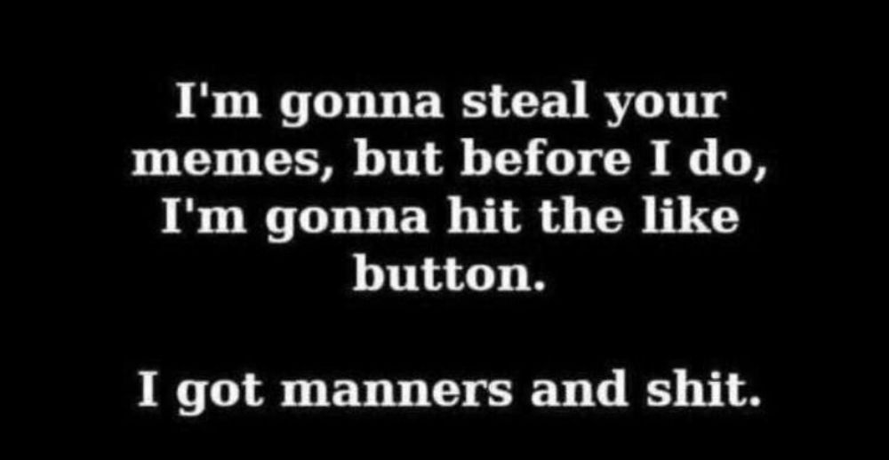 I'm gonna steal your memes but before I do I'm gonna hit the like button. I got manners and shit.