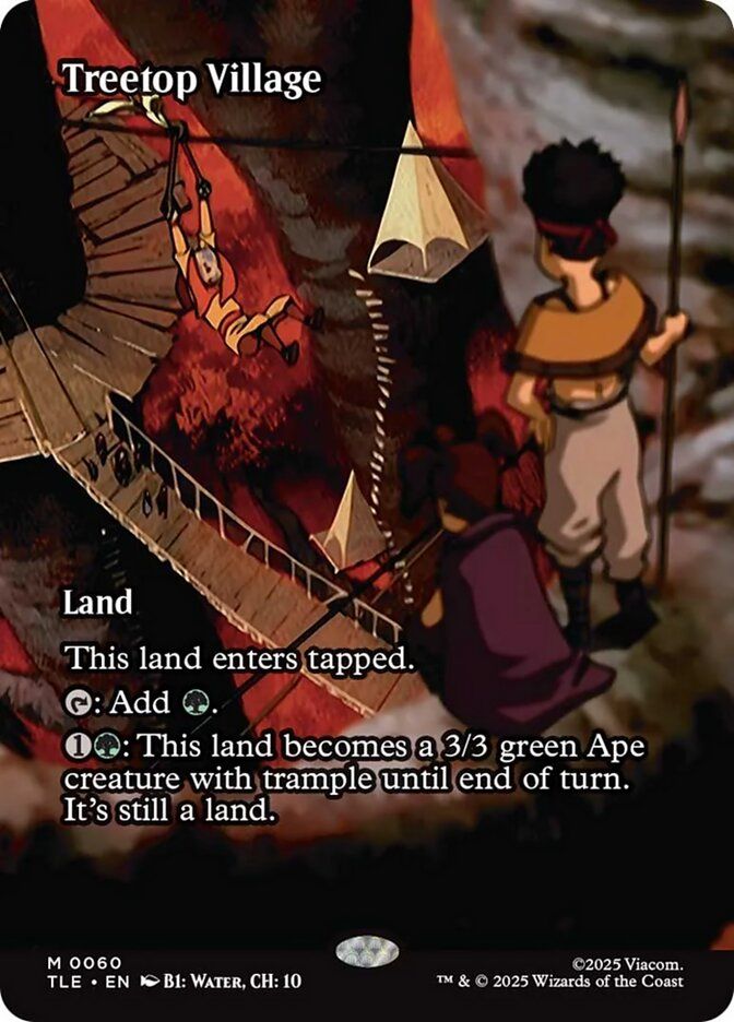 Borderless Magic The Gathering card from an upcoming licensed IP Avatar Last Airbender set. For an existing card Treetop Village. The art looks to be an upscaled (possibly AI up-scaled)  screen grab from an in between animation frame, low detail and slightly funky off model characters.
