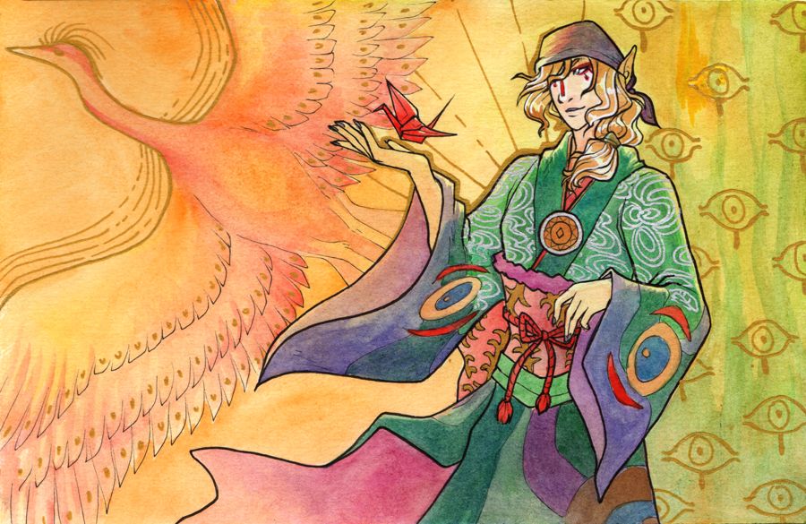 a colorful hand drawing of the Medicine Seller from Mononoke holding an origami crane, with a background of a feathered crane and some single eyes reminiscent of the exorcism seals in the show