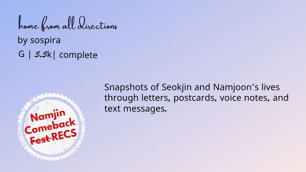 Snapshots of Seokjin and Namjoon’s lives through letters, postcards, voice notes, and text messages.

