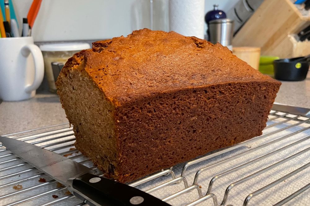A brown loaf of applesauce quick bread rests on a cooling rack. A couple of slices have been taken from it by the knife in front of it.