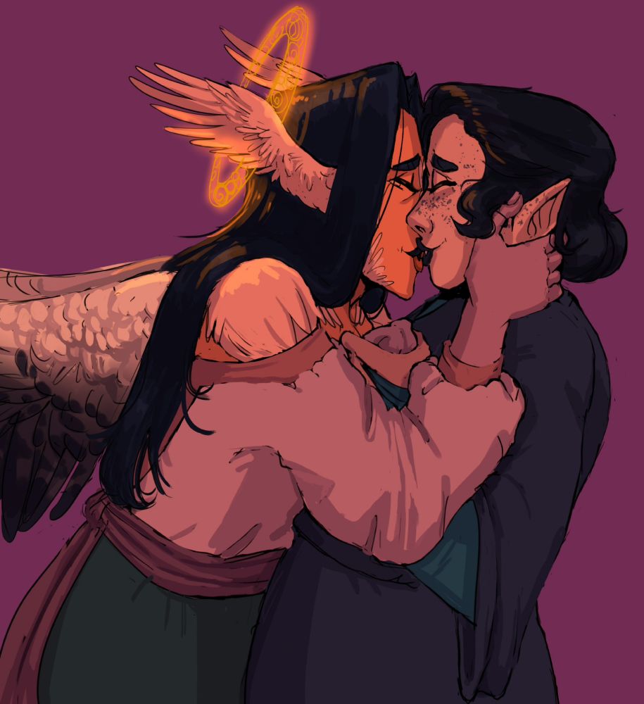 An angelic woman pulling an elven woman into a kiss. She's holding her face while the elf grabs her by the shirt. The angel has long dark hair, a halo and vestigial wings on the sides of her head. The elf has short dark hair and freckles. 