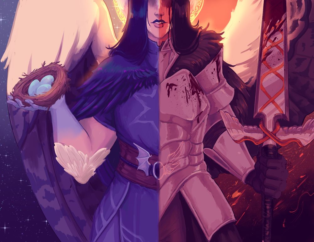 A digital painting of an angel with long black hair that is compositionally split down the middle. The left half of the angel is painted in cool tones, she's wearing what appear to be cleric vestments and holds a birds nest in the left hand. The background of the left half features stars. The right half is painted in warm, red tones, and she wears blood splattered armor and carries a blood covered sword in the right hand. There is blood on that half of her face. The background of the right half features embers. 