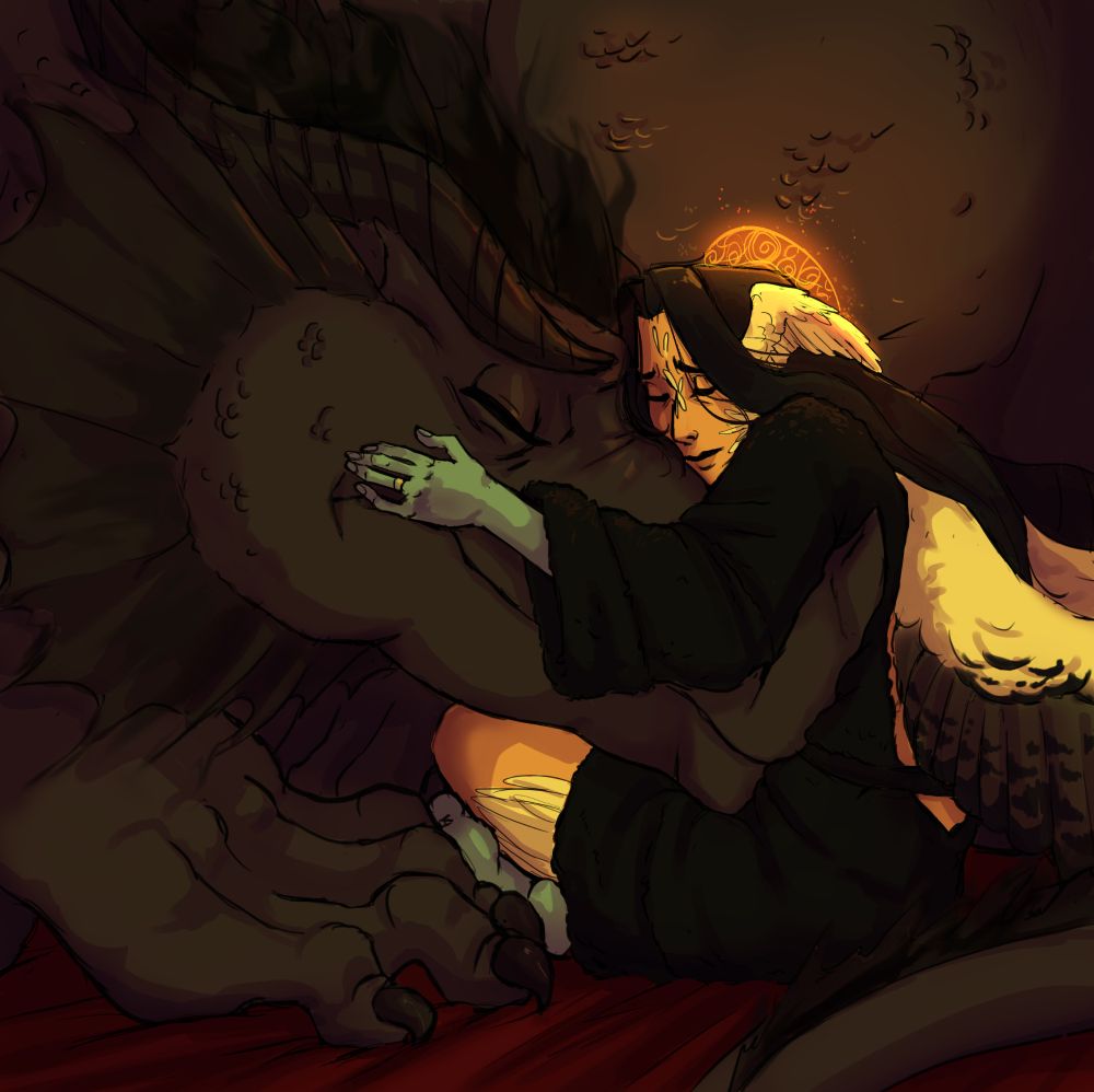 An angel with long black hair wearing a black bathrobe sits on a red blanket. She is surrounded by a large black dragon and she is hugging the head of the dragon to comfort her. 
