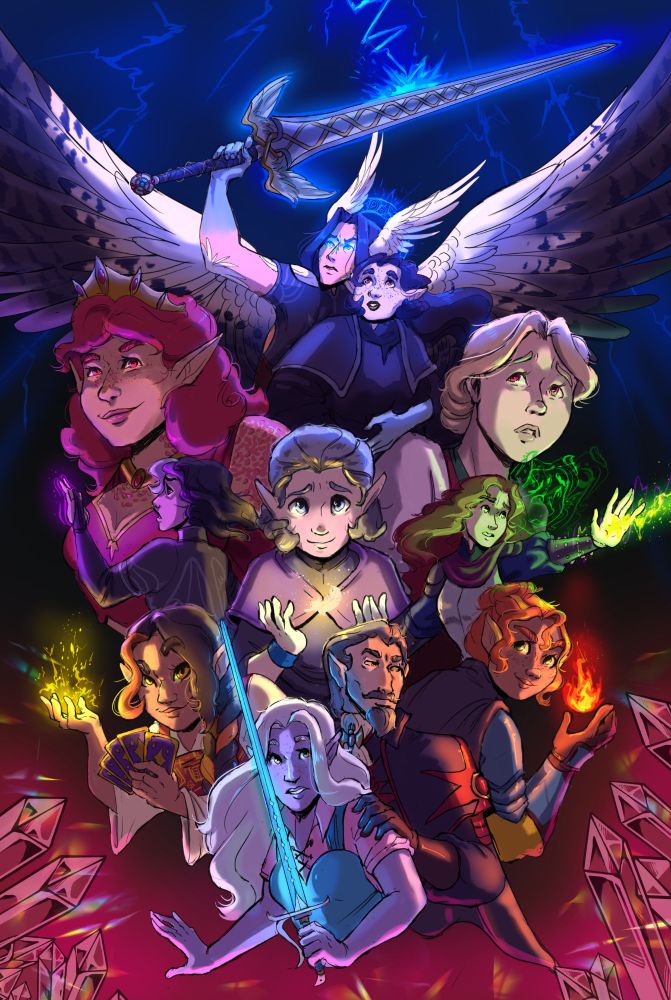 Movie style poster illustration of characters from a dnd campaign. 