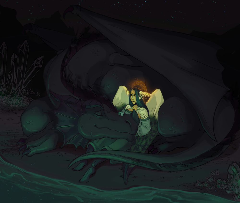 A black dragon lies curled around an angel on the beach of a lake. They both wear serene expressions. The angel has long dark hair, a halo, and wings on the sides of her head in addition to her regular ones. It's dark where they are, and you can see stars in the sky as well as crystal formations on the beach. A faint glow comes off of the water in front of them.