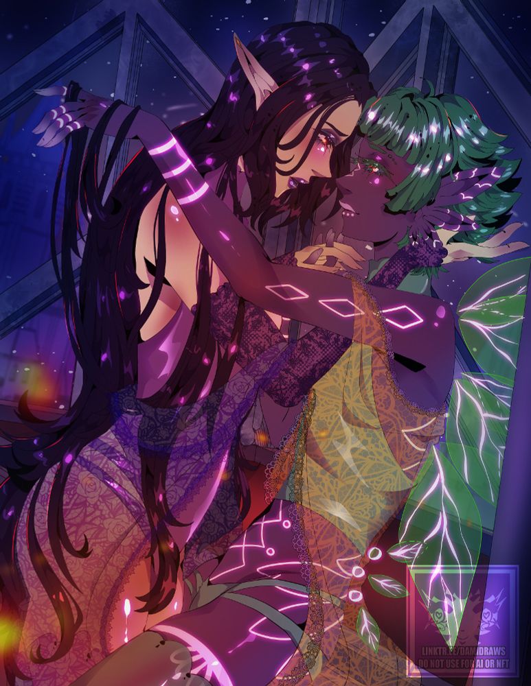 two pretty guys very close to one another, the one on the left has long dark hair, the one on the right has green hair and fairy-like wings. They are holding one another