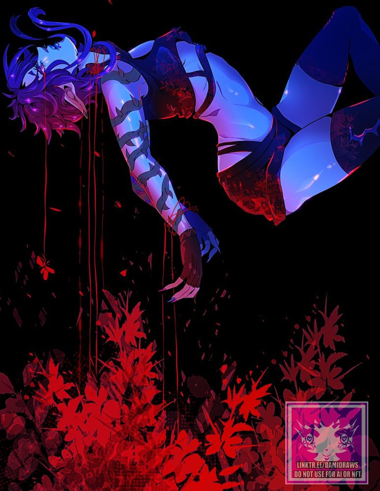 an illustration of my persona, Dami, floating above red flowers