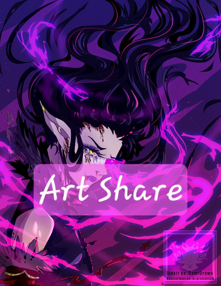 And illustration of my OC Tsune His black and purple hair is flowing up He's looking at the viewer he's a sad expression. There is purple and pink magic flowing around him and he looks wounded.