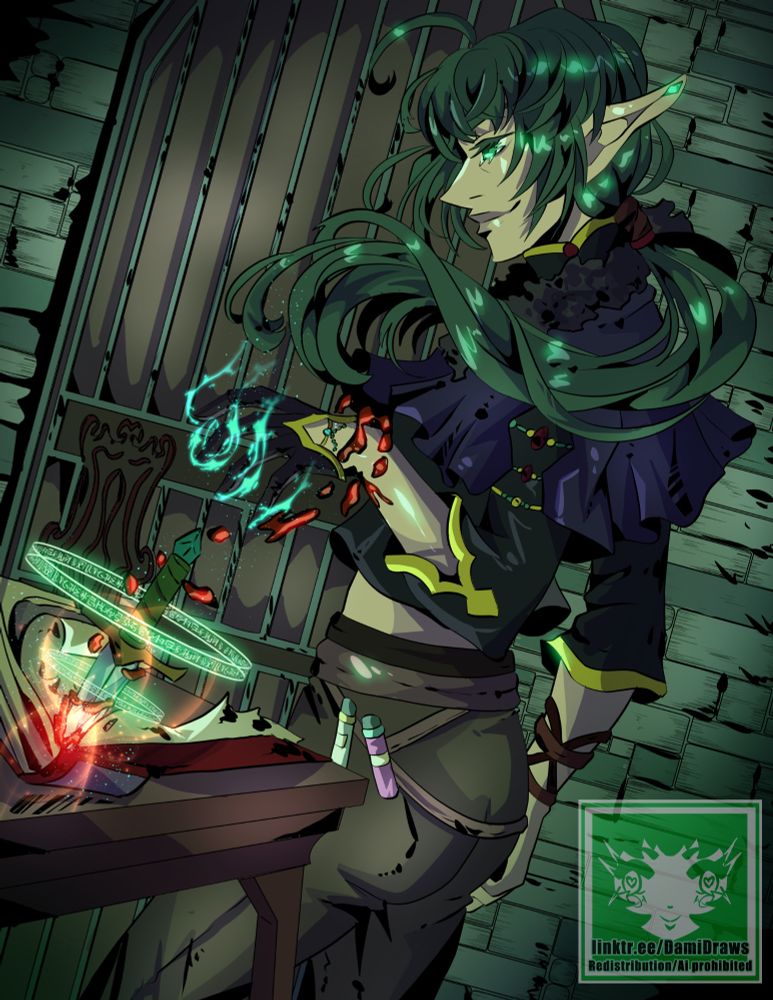 Illustration of my OC Charanik who is a blood mage alchemist He's doing magic by pulling a sword from a book.