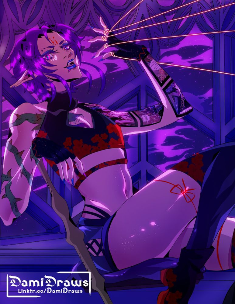 An illustration of my v tuber for someone a leaning back in a chair with red string wrapped around his fingers