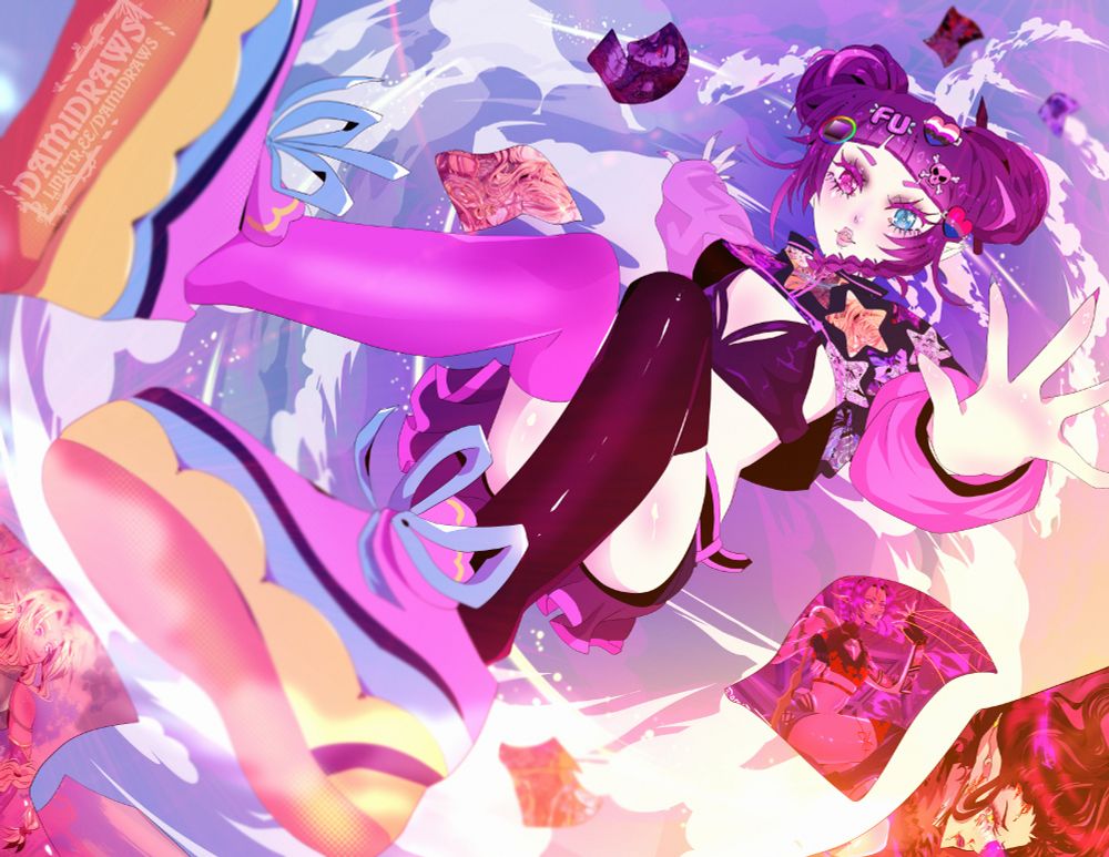 an illustration of a nb character falling from the sky, there are pictures (my art) falling around them. they are reaching their hand out and they are in persective