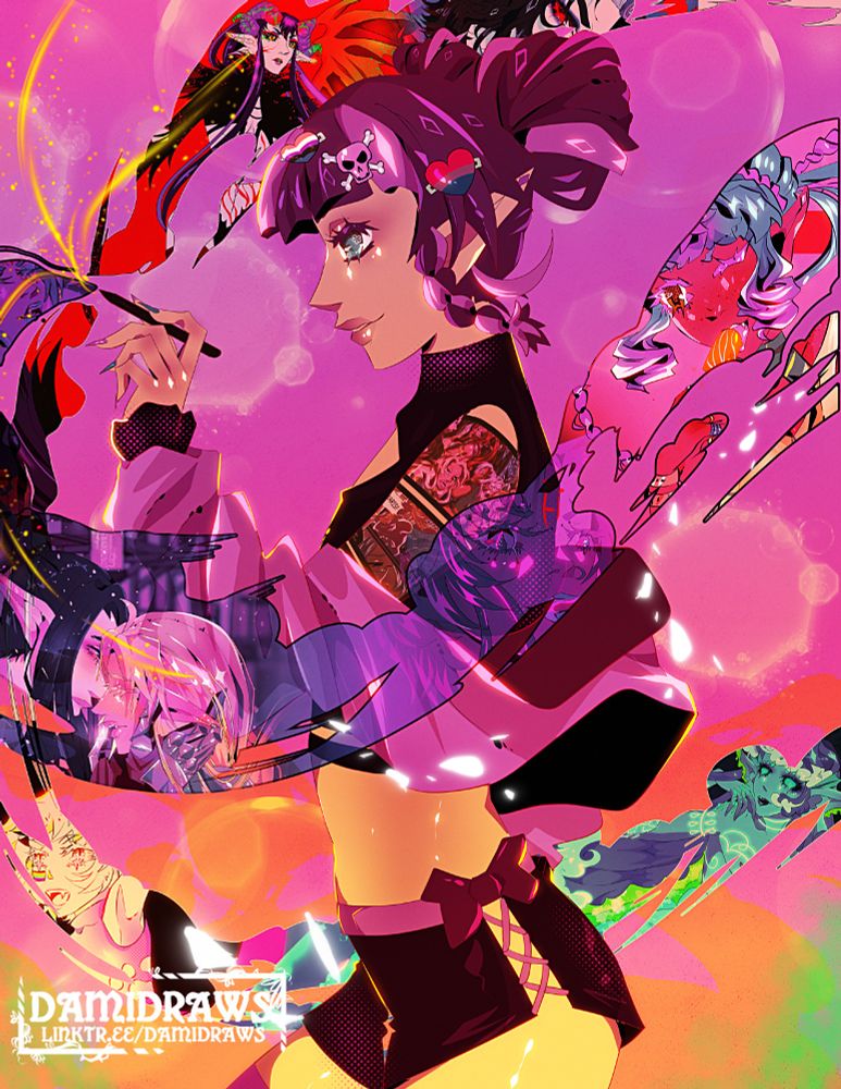 an illustration of my vtuber model/persona in profile they are lifting a tablet pen up as if to draw, there are clouds coming out and in those clouds are clips of my previous art. 