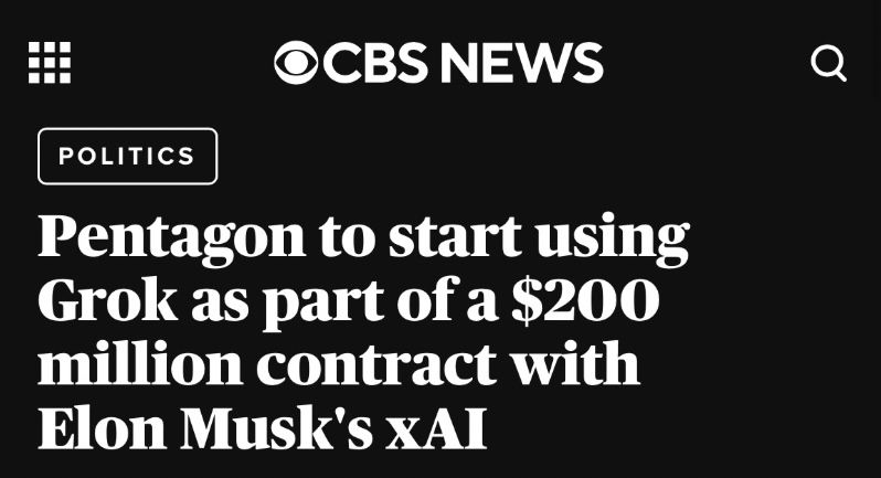 A headline from CBS News reads: “Pentagon to start using Grok as part of a $200 million contract with Elon Musk's xAI”