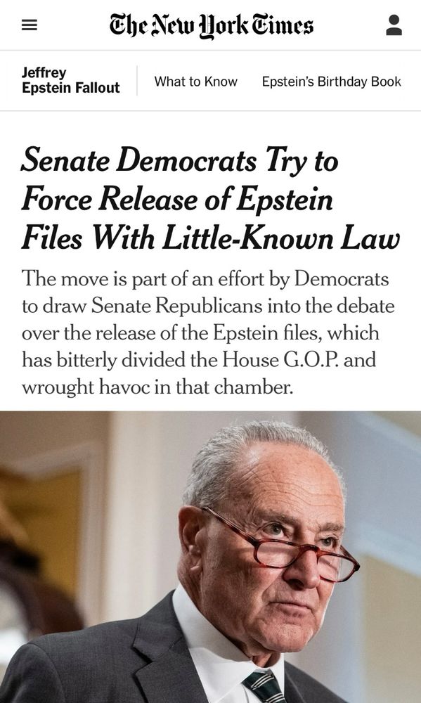 A headline from the New York Times reads: “Senate Democrats Try to Force Release of Epstein Files with Little-Known Law”