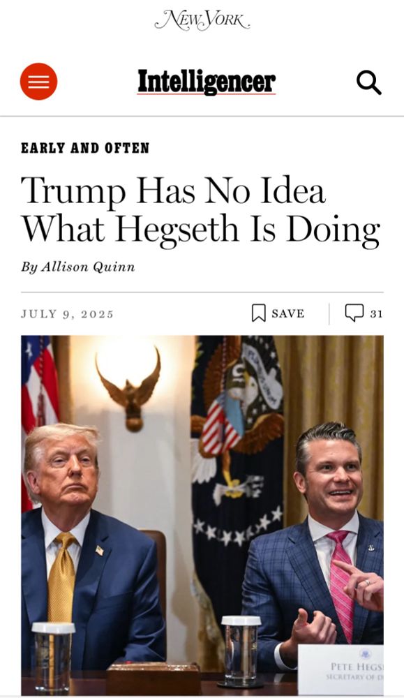 A headline from New York Magazine reads: Trump Has No Idea What Hegseth Is Doing
