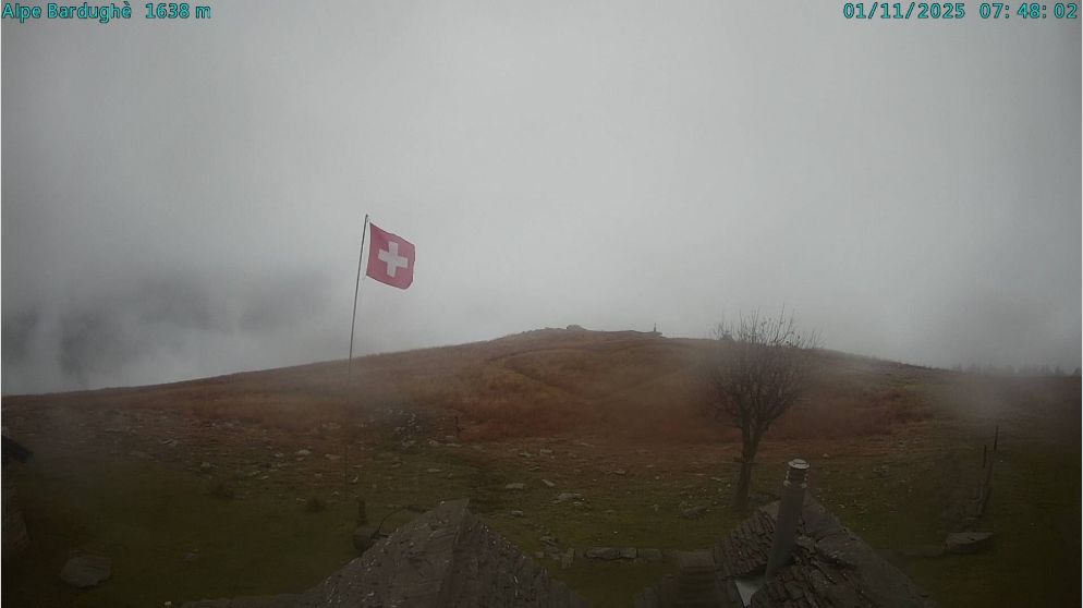 a flag on a hill in a foggy ambiance