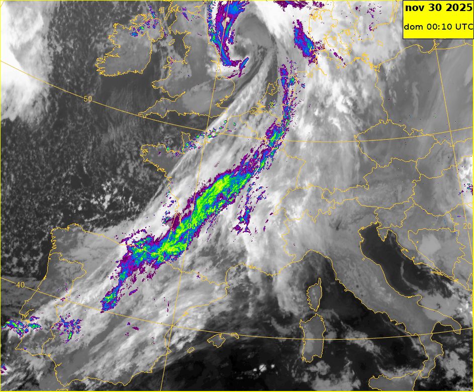 A satellite image showing a large weather system with swirling cloud patterns over the East Asian region on November 30, 2025 at 00:10 UTC.