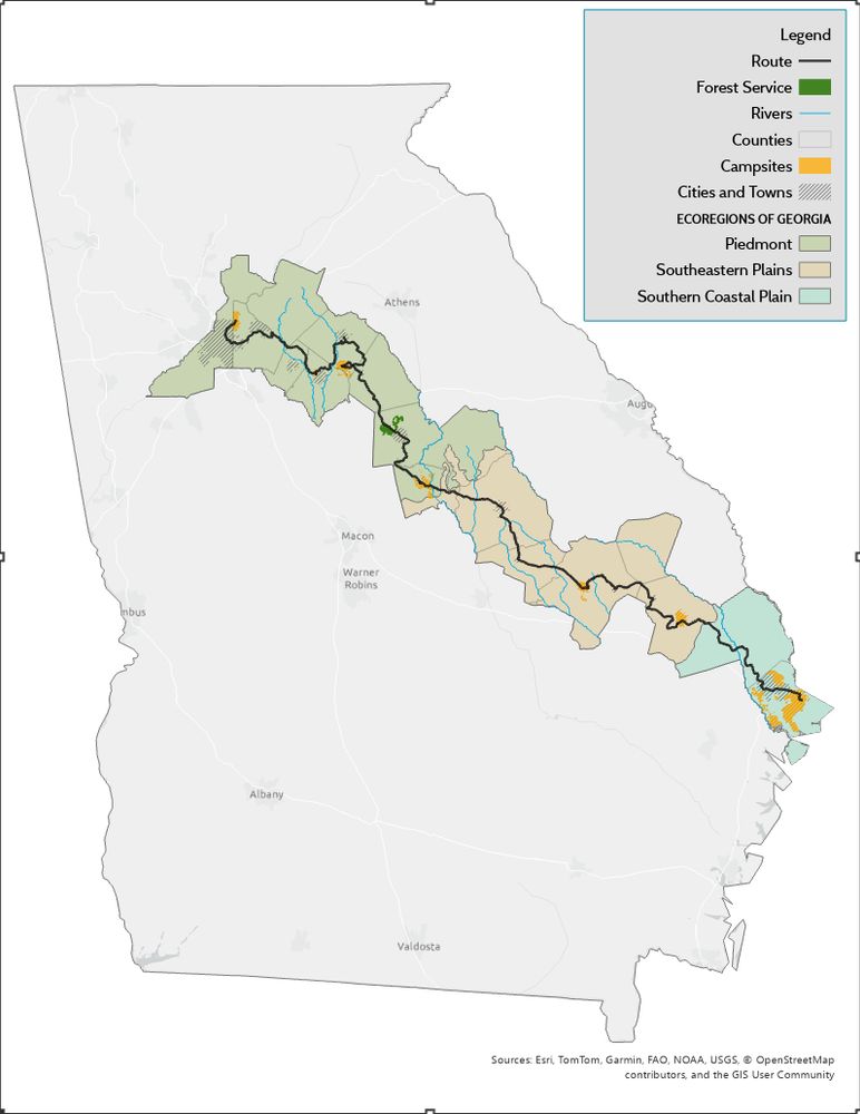 Map of Georgia, USA with a black traced route from Atlanta roughly southeast to Savannah on the middle/east coast of Georgia. The three eco regions (Piedmont, southeastern plains, southern coastal plains) are shown along with the boundaries of all the cities I biked through