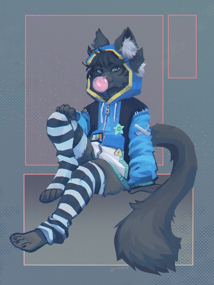 A digital painting of an anthropomorphic cat boy with two sets of ears. The picture is themed in steel grey, blue and white. He is wearing striped thigh high socks and a blue hooded sweater. He is blowing a bubble with pink bubblegum while looking at the viewer