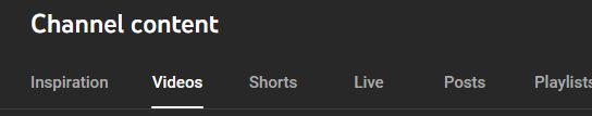 A screenshot showing some of the tabs in the "channel content" section of YouTube Studio. The displayed tabs in order are: Inspiration, Videos, Shorts, Live, Posts, Playlists