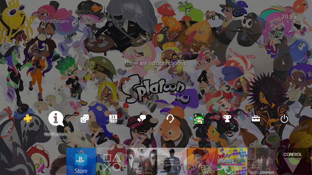 Screenshot of the PS4 home menu, with the 10 year anniversary artwork for Splatoon set as the background image