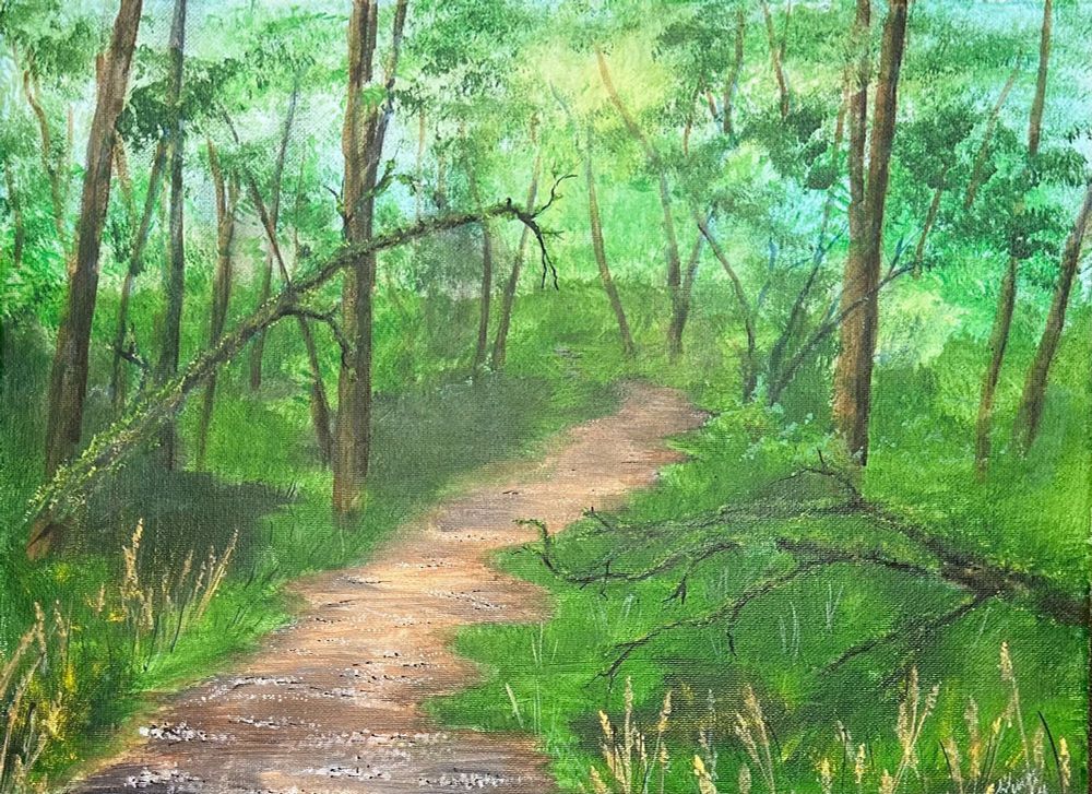 Painting of a narrow dirt path through a lush green forest. The path winds a bit through the tall thin trees, with green grass and tall yellow flowers growing in from the sides, and small rocks and pebbles along the surface. The mature tree grows tall and straight, while younger trees with thick leaves at the top have their trunks bowed and split to find the sunlight above. A few fallen trees are covered in moss, one lying on the ground with its dark limbs down amid the grass, while the other leans over the pathway. Filtered sunlight glows in the distance above the path, lighting the way ahead. 