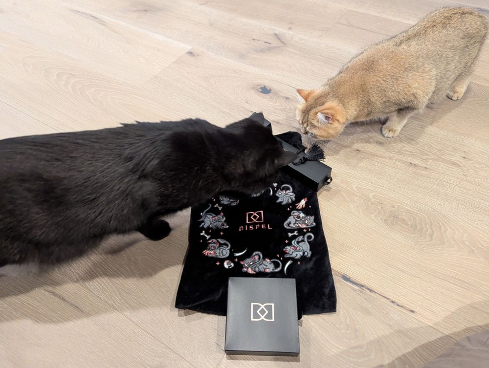 A tentacle kitten lucky bag from Dispel Dice is on the floor, covered with dice boxes. Grizzly, a black cat who is no longer perplexed, stands next to the bag with his head and neck extended to sniff at a dice box on corner opposite him. Uschi is sniffing the corner of the bag, having moved on from the tasseled drawstring.