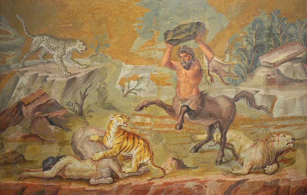 Centaur lobbing a stone at a tiger that killed his centaur buddie, the centaur tossing the boulder already killed a lion. There’s a leopard ready to pounce. This is appearantly how large cats fight. 120-140 ad Hadrian palace 