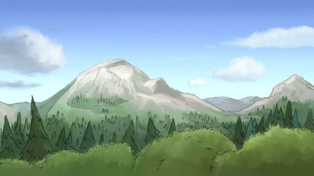 A mountain scene surrounded by a pleasant green forest.