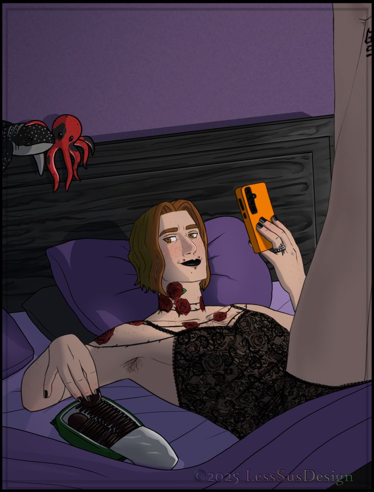 Art of my character Rory posed like vintage pin-up artwork that's been going around as an art trend.

He's wearing thin black lace lingerie while lounging in bed stretching his legs up toward the ceiling. He's taking a cookie out of a container with his right hand while holding up his phone with his left hand.