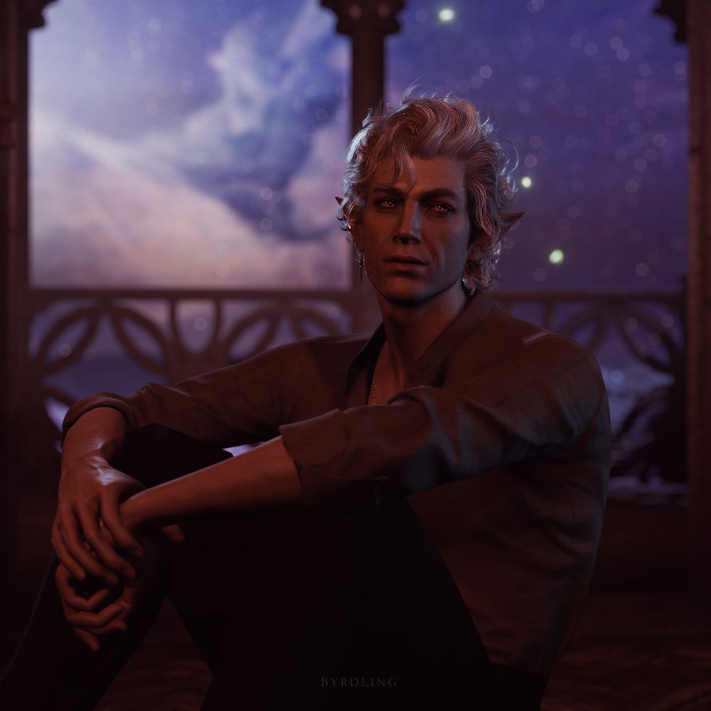 A photo of Astarion sitting down with his arms gently clasped and resting on his bent knees. He's wearing a button down shirt and black pants. His gaze is on Gale standing before him but not shown. Behind Astarion you can see Gale's balcony with a starry sky. 