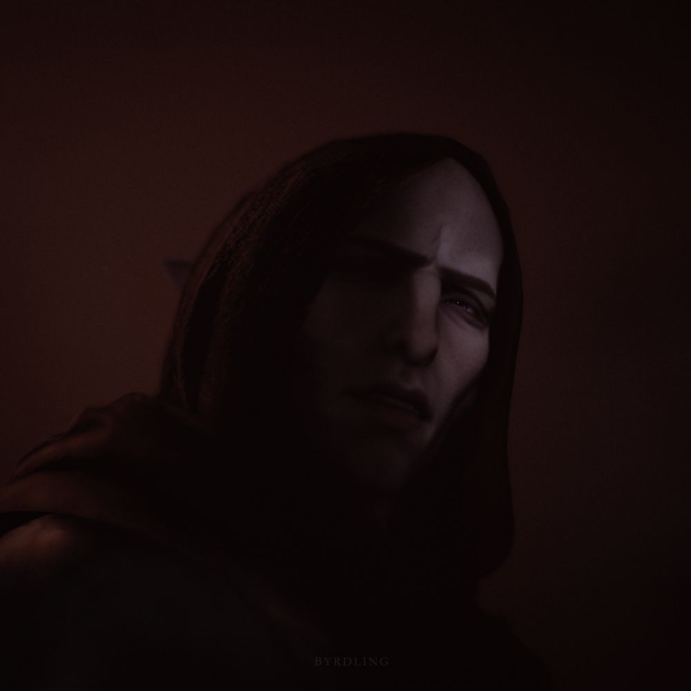 A photo of Solas in a dark hood and half of his face illuminated. He has a curious expression, slightly furrowed brow and open mouth. There is a dark moody vibe as if Solas is hiding in the shadows. 