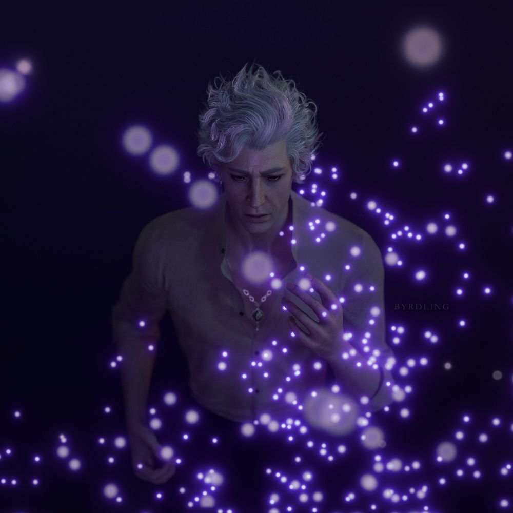 A photo of Astarion in a cream colored button up shirt and silver necklace. He is gazing forward into the remnants of Gale's projection. There are purple orbs scattered around him - mostly in the center and to the right of the photo. Astarion's left hand is lifted almost touching the orbs. He wears a mixed facial expression of shock, sadness and loss. 