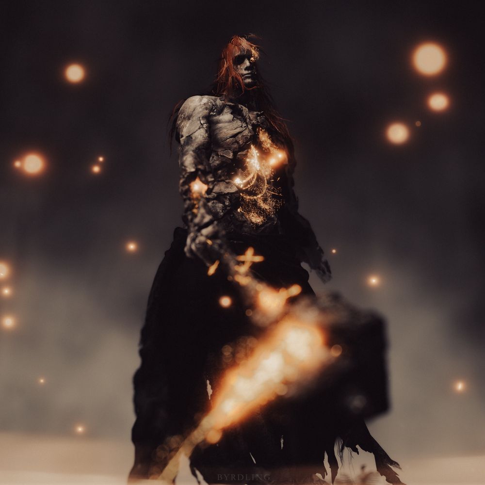 Radagon from Elden Ring. Radagon stands prominently in the middle of the photo. He is looking down with his hammer pointed at the player. There is a strong depth of field with only his face and upper torso being in focus. The photo is edited with deep contrasts and focuses on black, grey, orange and gold colors. 