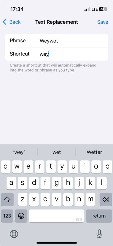 Screenshot of iPhone text replacement for Weywot 