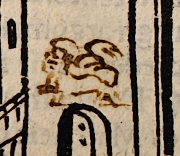Woodcut detail of gate to Milan, with browned doodle of a winged lion over the arch.