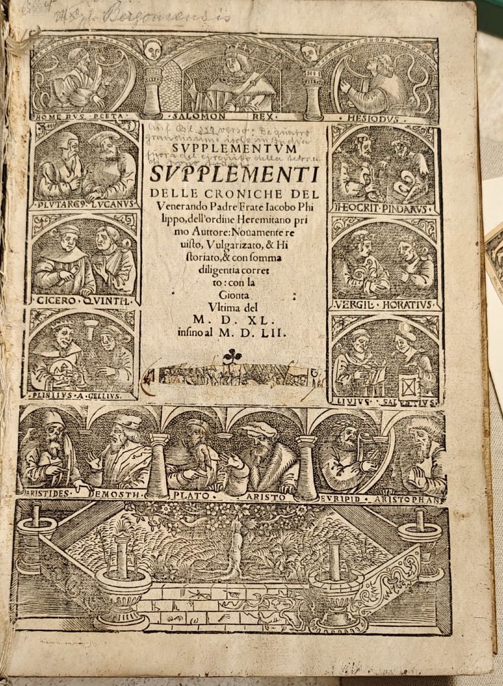Title page with woodcut border of classical dudes.