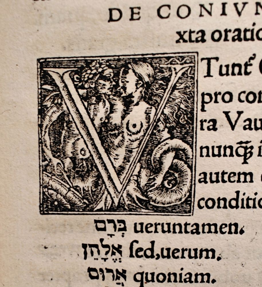 Woodcut V initial with two embracing merpeople in a book in Latin and Hebrew by Sebastian Münster. (Case X 464 .602)