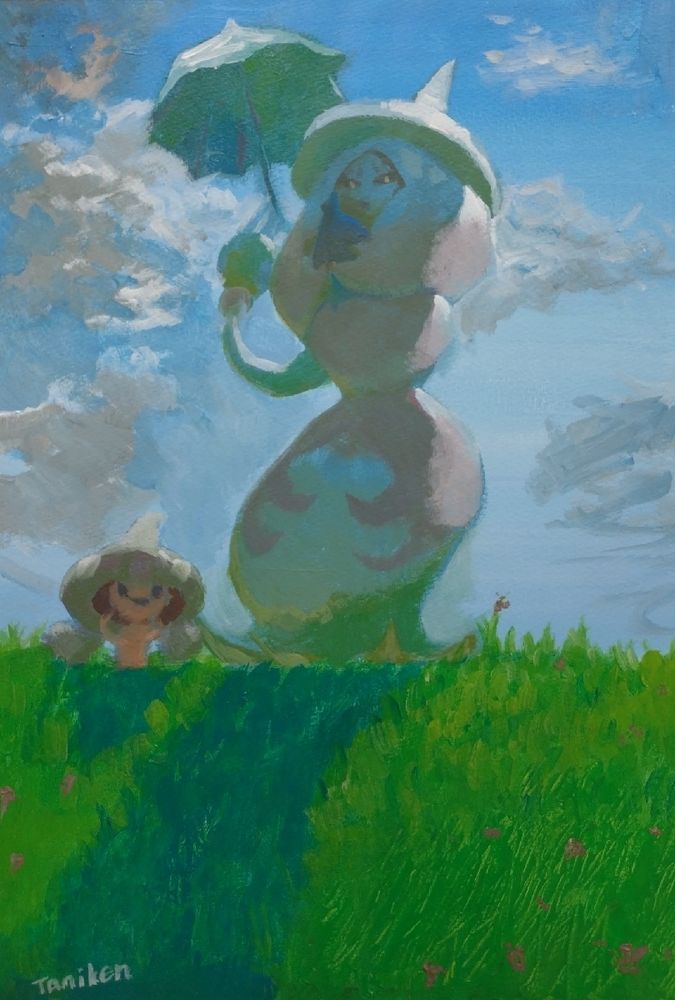 ポケモンのブリムオンが日傘をさして緑の丘からこちらを見下ろしているイラスト。