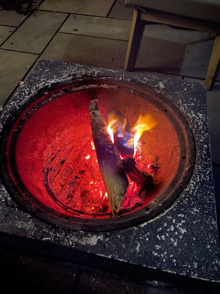 The last embers of a fire, in a back garden.
