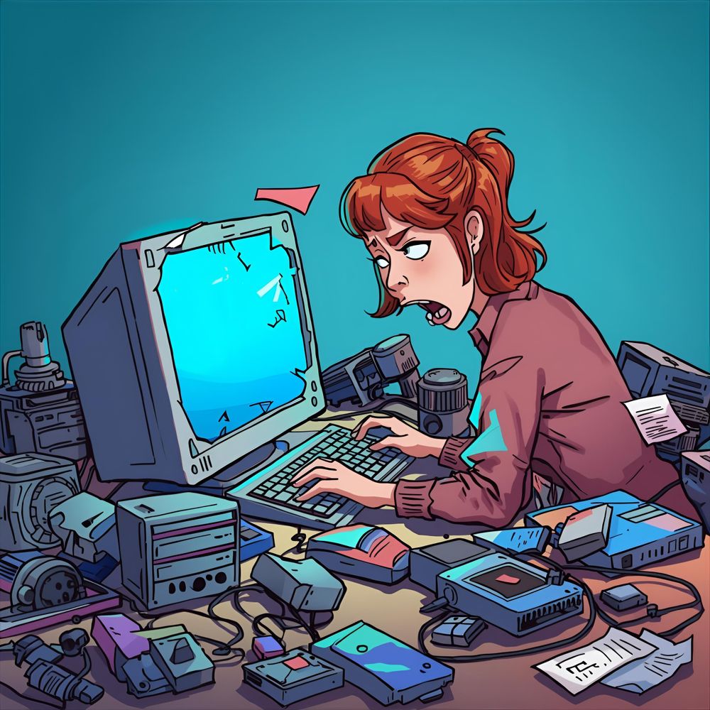 Woman at a computer that just blew up/died. She is distraught.