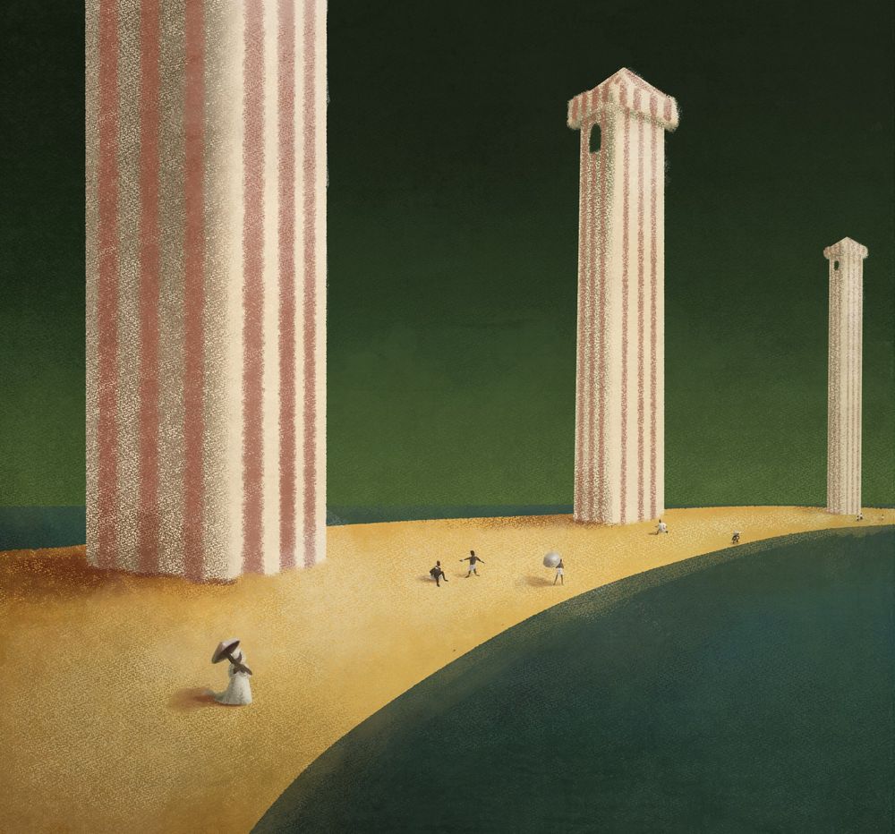 illustration of a stretch of beach, amidst sparse figures are tall pillars appearing similar to changing tents