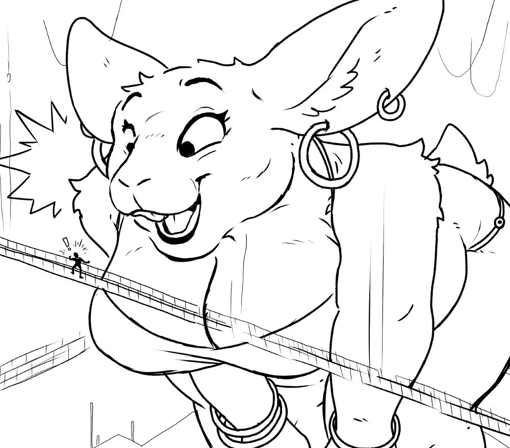 macro rabbit gal smiling down at a stick figure on a raised walkway