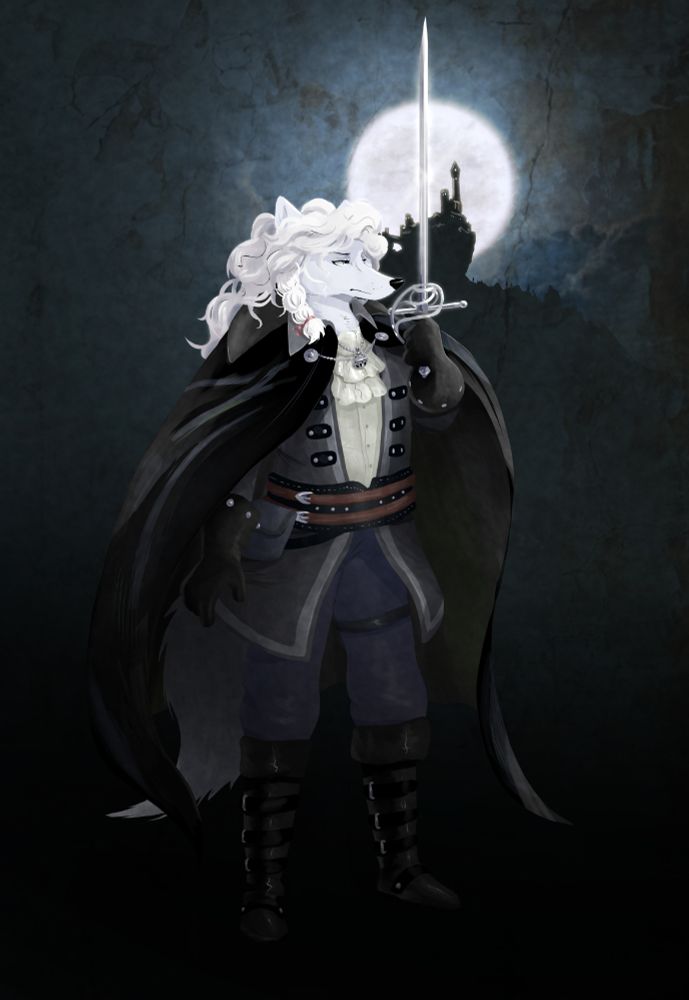 Art of a wolffolk with white fur and flowing hair, adorned in a vest and cape, holding a rapier as it glows with the moonlight behind him