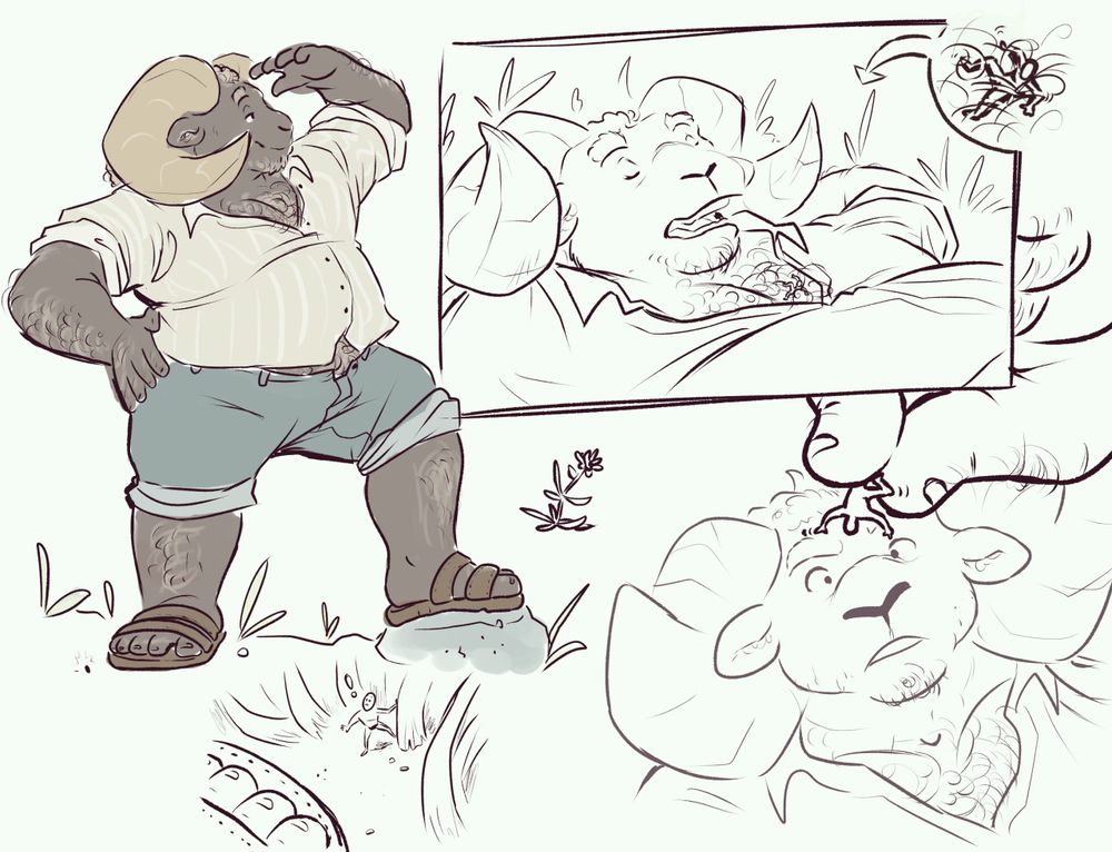 Anthro ram looking out, below in the grass is a tiny human figure looking up at him. He naps, unaware of the dude getting caught in his chest hairs. He is then holding the micro in his fingertips, looking surprised and confused